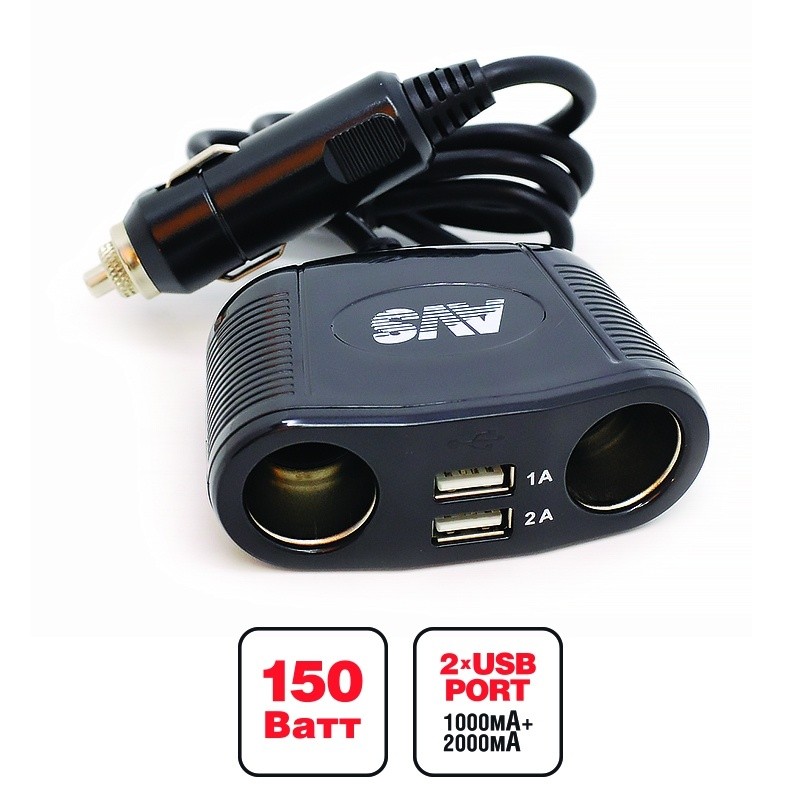 Разветвитель в прикуриватель 2 выхода 2 USB AVS  CS230U